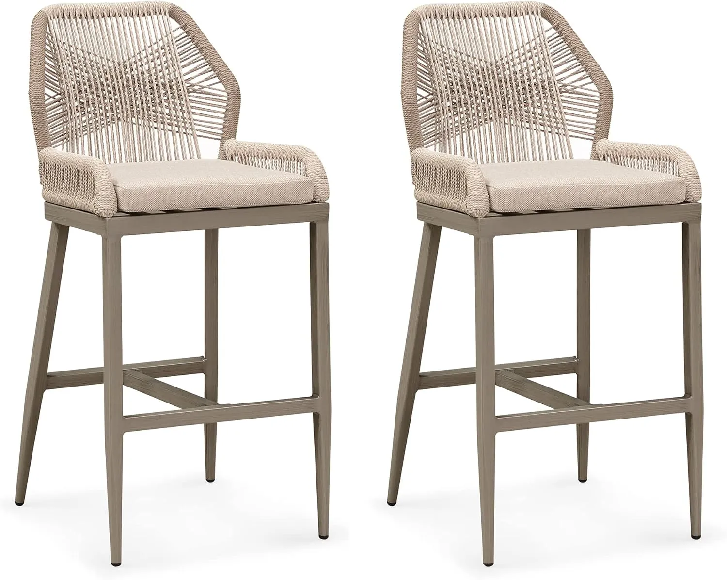 PURPLE LEAF Bar Stools Set of 2 Outdoor Bar Height Metal Tall Chairs Modern Wicker Woven High Barstools 30 inch with Back Patio Dining Bar Stool Chairs