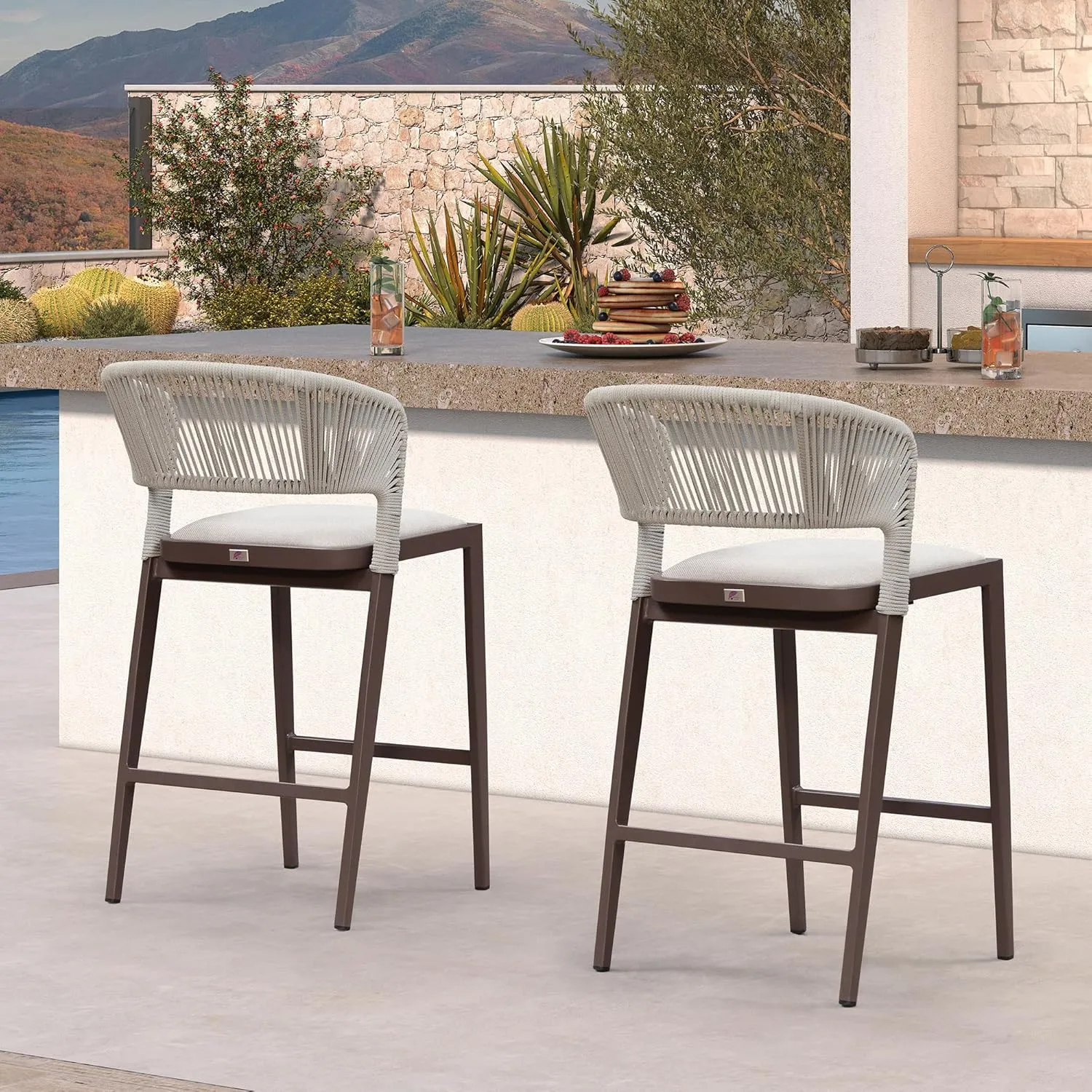 PURPLE LEAF Counter Height Bar Stool Set of 2 Outdoor Bar Stools Modern Bar Height Stools Wicker Barstools for Kitchen Brown Island Chairs