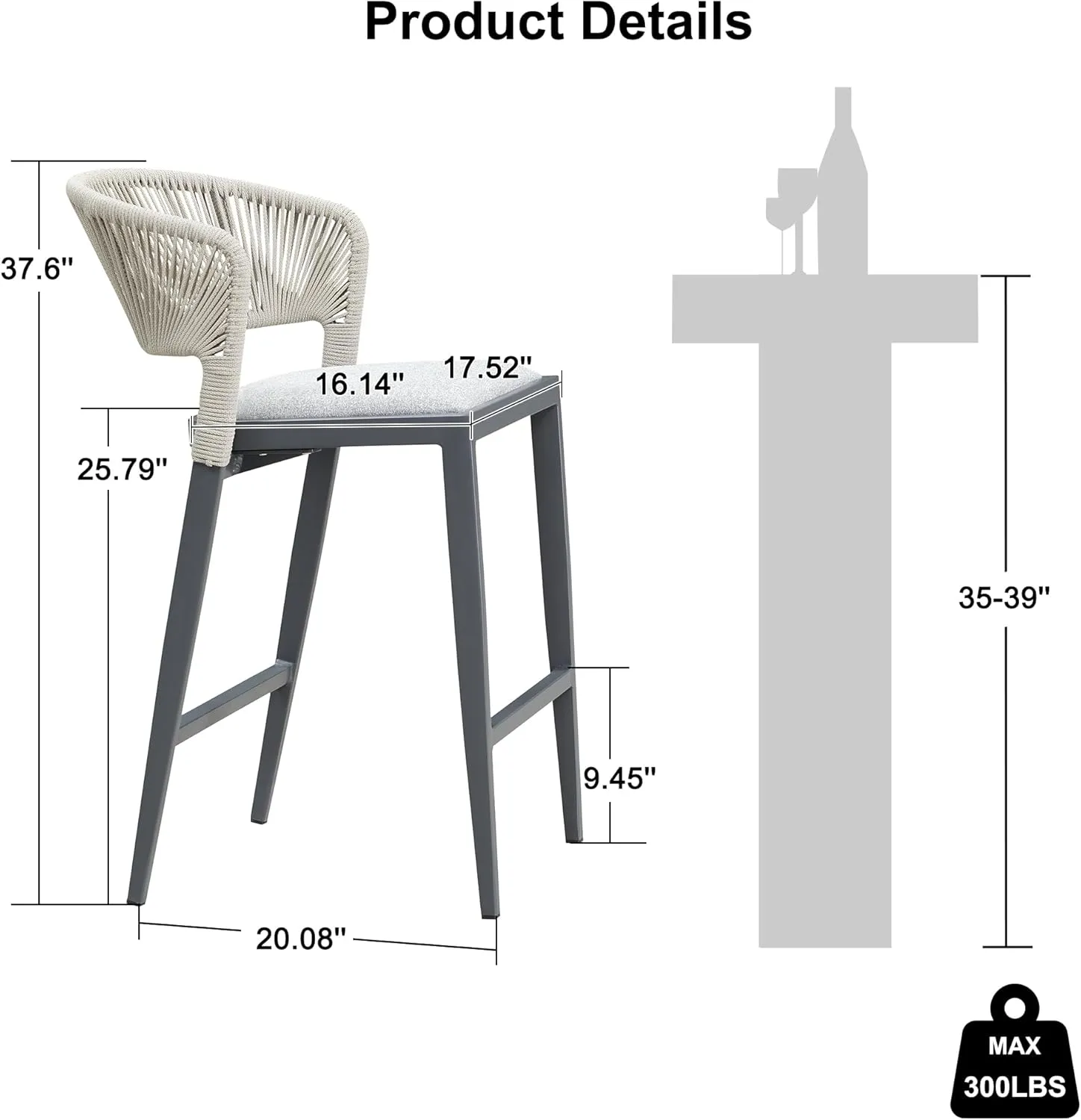 PURPLE LEAF Counter Height Bar Stool Set of 2 Outdoor Bar Stools Modern Bar Height Stools Wicker Barstools for Kitchen Island Dark Gray Island Chair