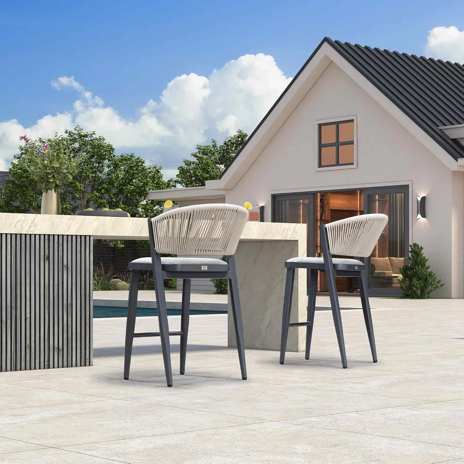 PURPLE LEAF Counter Height Bar Stool Set of 2 Outdoor Bar Stools Modern Bar Height Stools Wicker Barstools for Kitchen Island Gray Island Chair