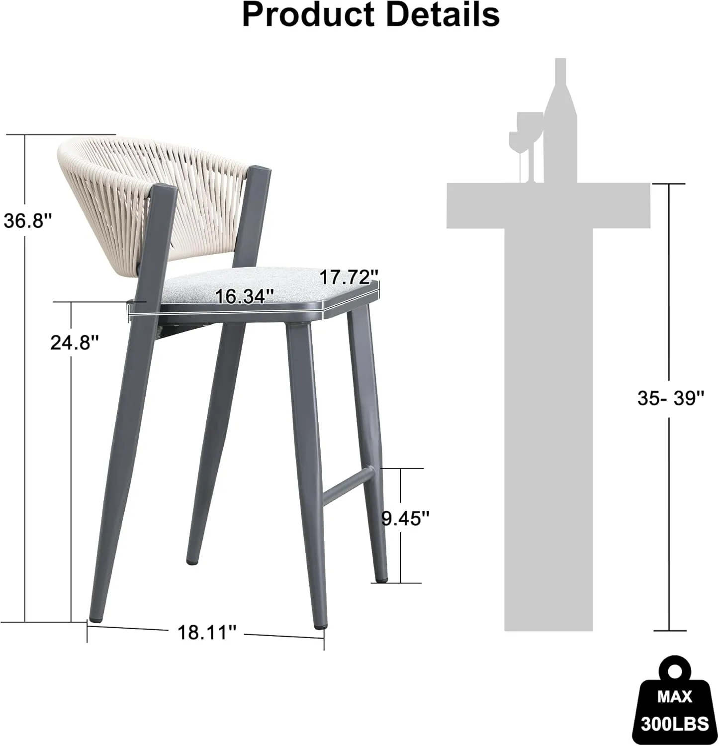 PURPLE LEAF Counter Height Bar Stool Set of 2 Outdoor Bar Stools Modern Bar Height Stools Wicker Barstools for Kitchen Island Gray Island Chair