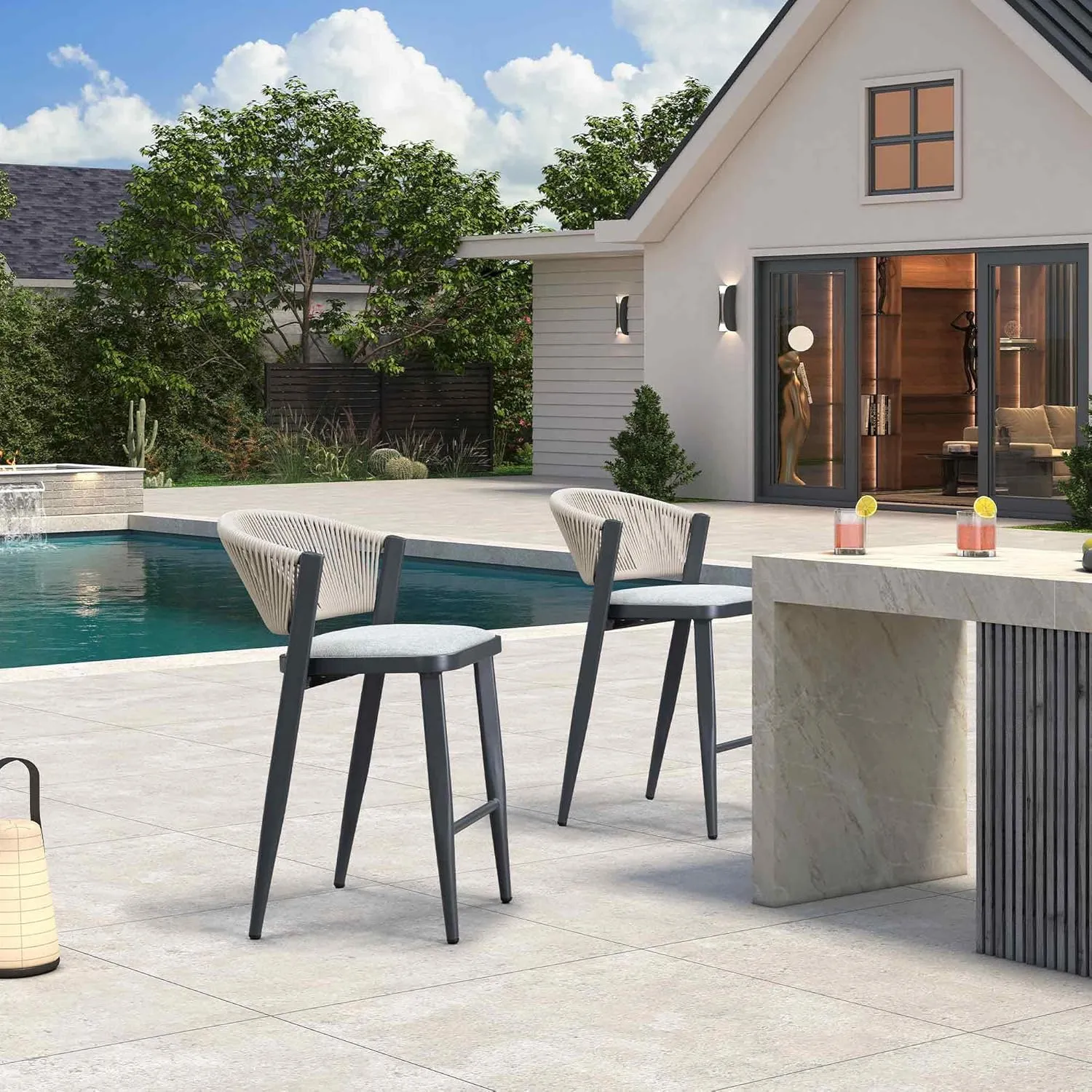 PURPLE LEAF Counter Height Bar Stool Set of 2 Outdoor Bar Stools Modern Bar Height Stools Wicker Barstools for Kitchen Island Gray Island Chair