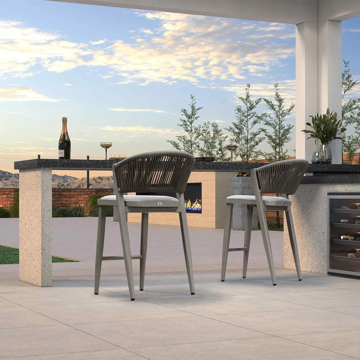 PURPLE LEAF Counter Height Bar Stool Set of 2 Outdoor Counter Stool with Footrest Patio Bar Height Stools Wicker Barstools for Kitchen Gray