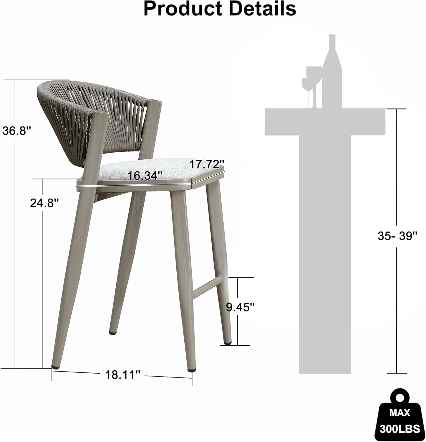 PURPLE LEAF Counter Height Bar Stool Set of 2 Outdoor Counter Stool with Footrest Patio Bar Height Stools Wicker Barstools for Kitchen Gray