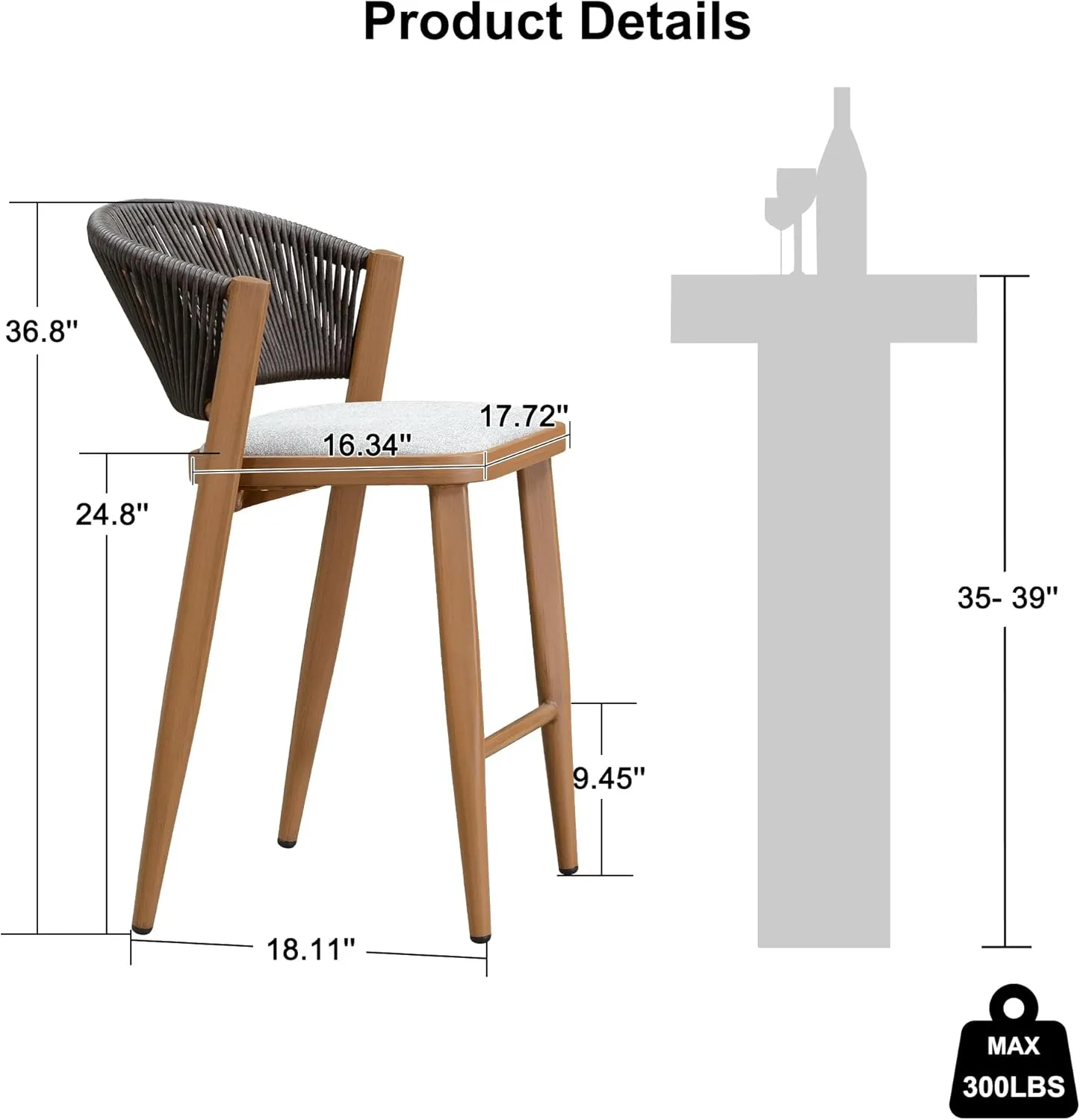 PURPLE LEAF Counter Height Bar Stool Set of 2 Outdoor Counter Stools Woven Bar Height Stools Rattan Barstools for Kitchen Brown Counter Stool