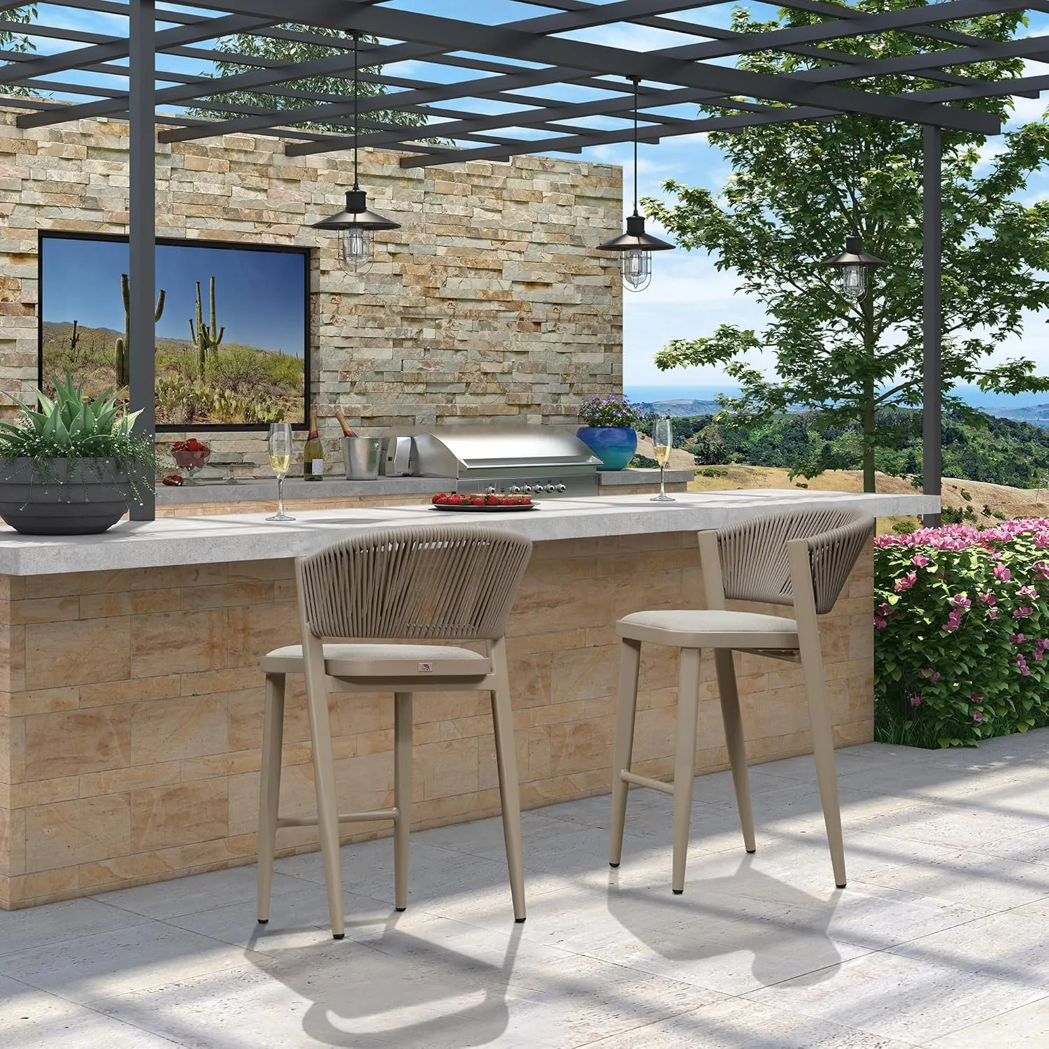 PURPLE LEAF Counter Height Bar Stool Set of 2 Patio Bar Stools Modern Bar Height Stools Wicker Bar Height Chairs for Kitchen Island Champagne Island Chairs