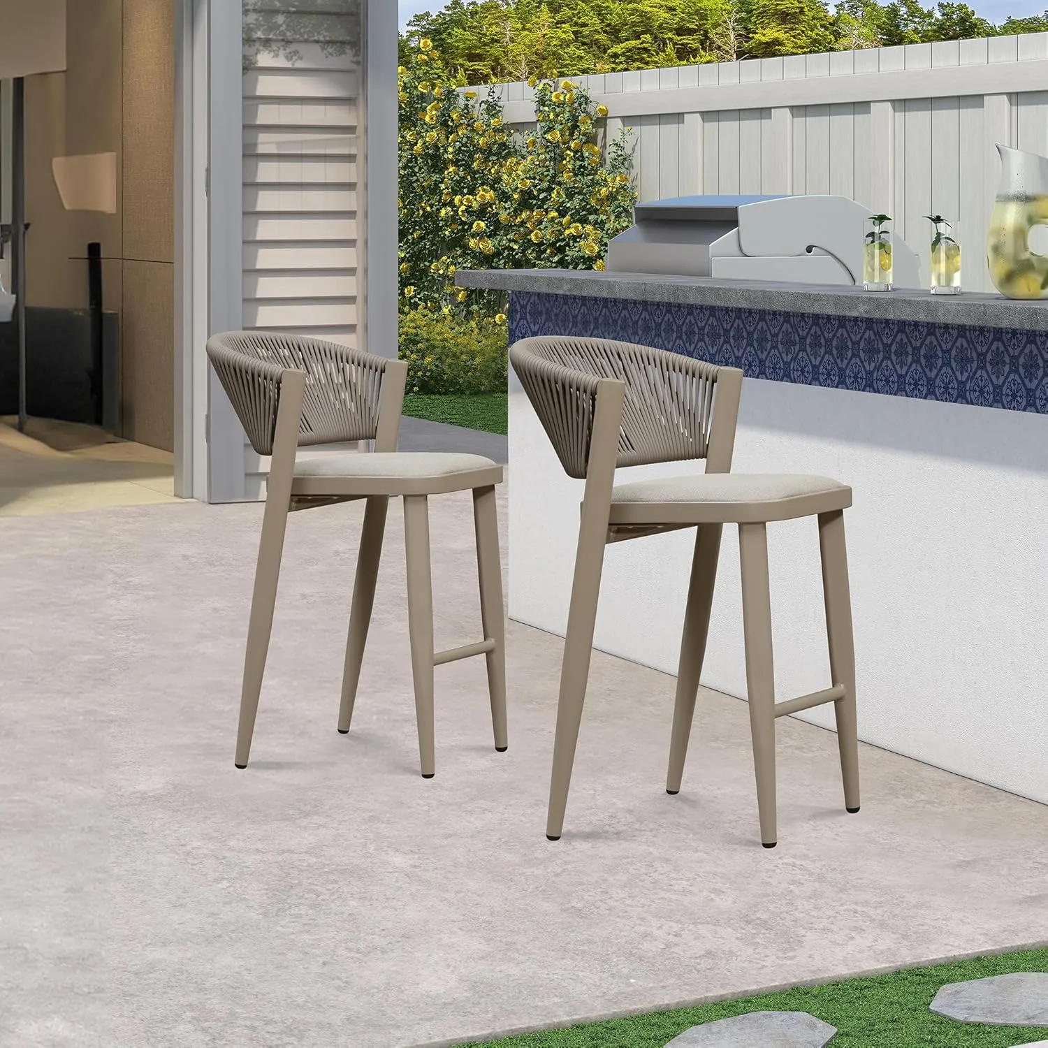 PURPLE LEAF Counter Height Bar Stool Set of 2 Patio Bar Stools Modern Bar Height Stools Wicker Bar Height Chairs for Kitchen Island Champagne Island Chairs