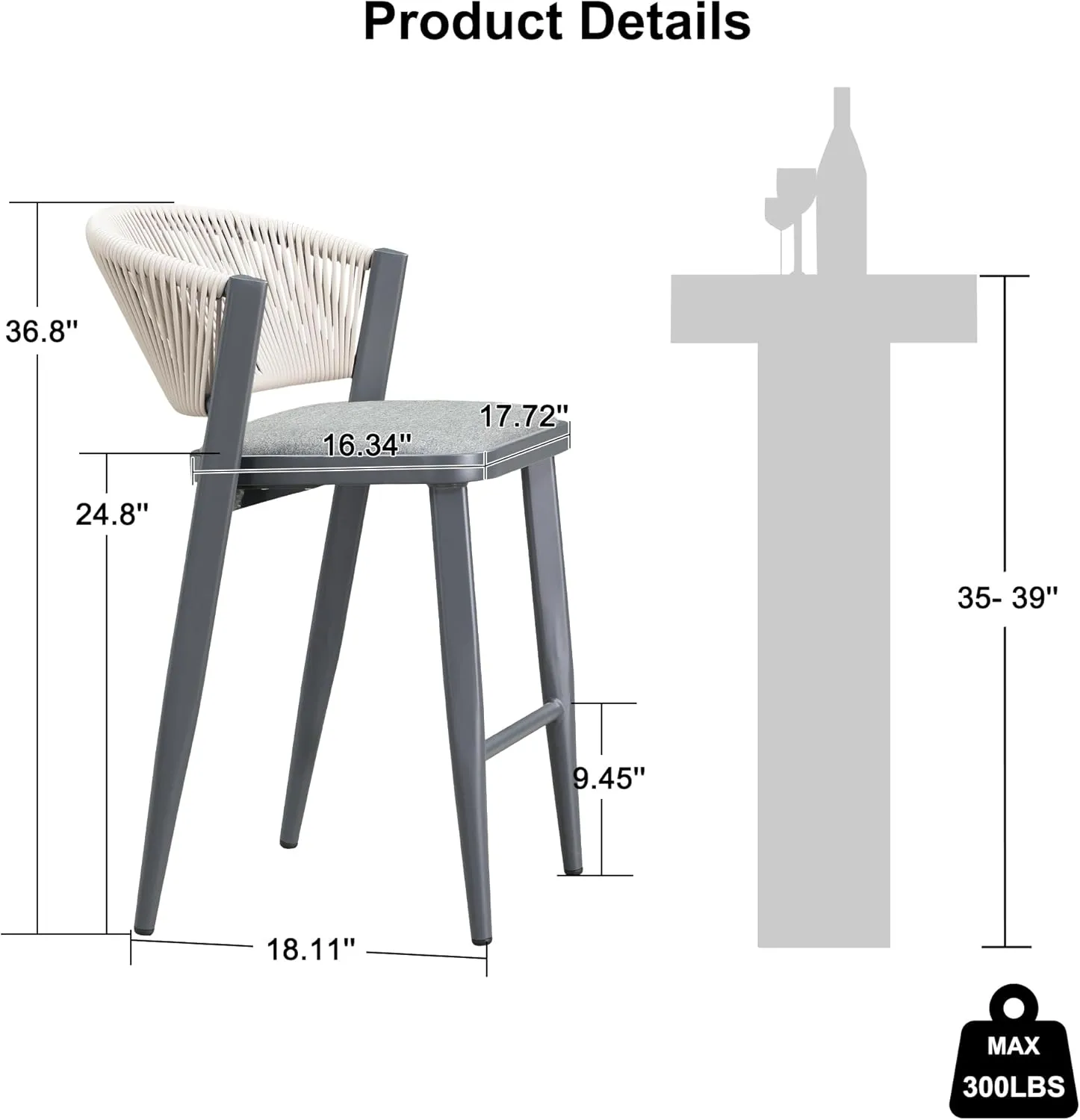 PURPLE LEAF Counter Height Bar Stool Set of 2 Patio Bar Stools Modern Bar Height Stools Wicker Barstools for Kitchen Island Gray Island Chair