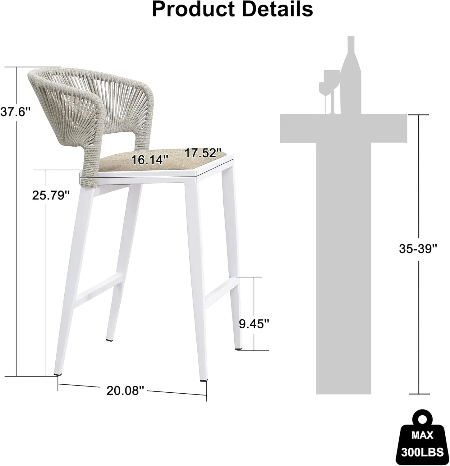 PURPLE LEAF Counter Height Bar Stool Set of 2 Woven Bar Height Stools Kitchen Island White Counter Stool