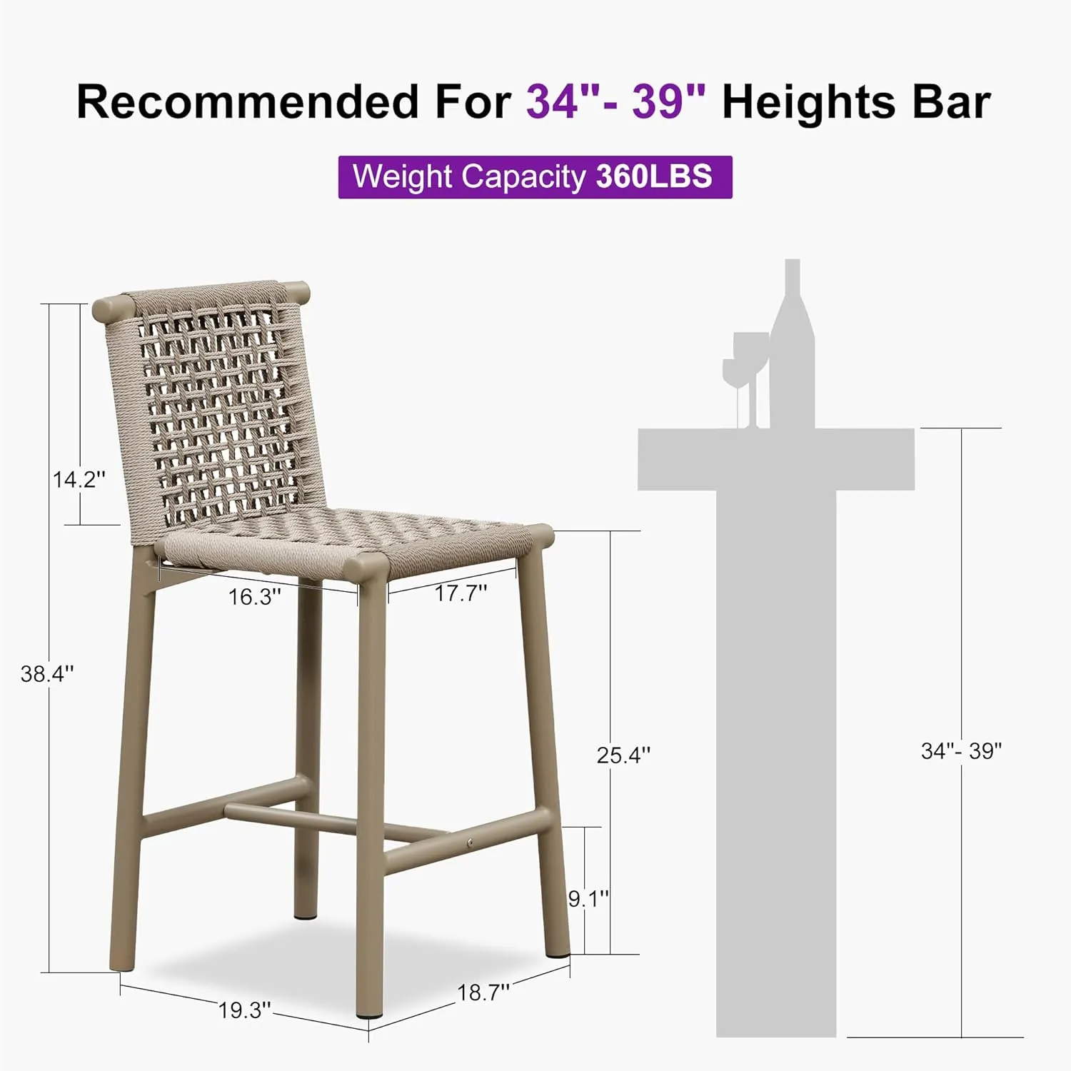 PURPLE LEAF Counter Height Stools Set of 2 with Back Aluminum Patio Bar Stools for Pool Lawn Kitchen All Weather Wicker Outdoor Bar Chairs Champagne