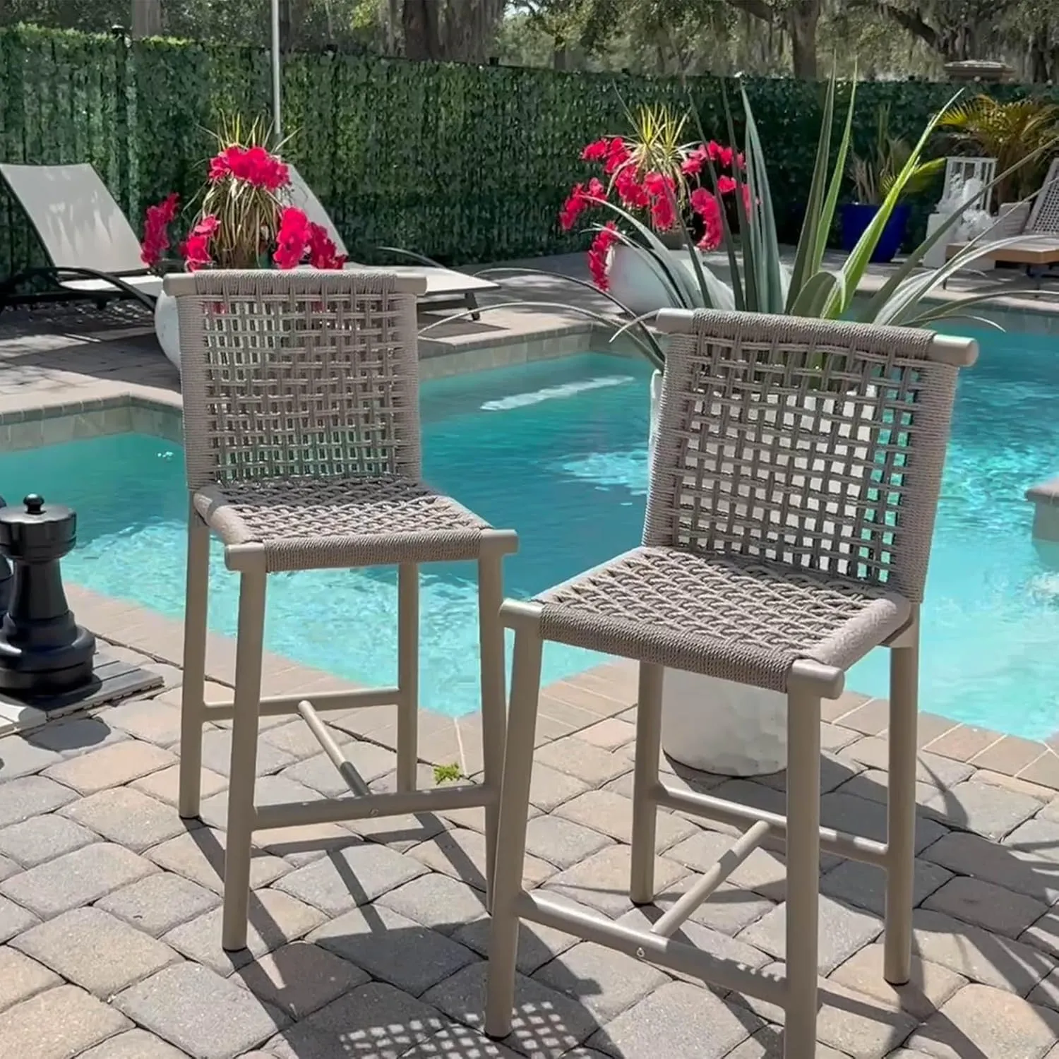 PURPLE LEAF Counter Height Stools Set of 2 with Back Aluminum Patio Bar Stools for Pool Lawn Kitchen All Weather Wicker Outdoor Bar Chairs Champagne