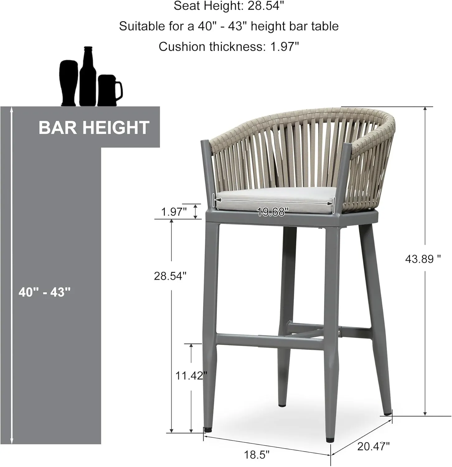 PURPLE LEAF Outdoor Bar Height Stools Set of 4 Patio Metal Modern Wicker Bar Chairs Woven Aluminum Barstools with Back and Cushions for Balcony Garden Indoor Kitchen Poolside Light Gray