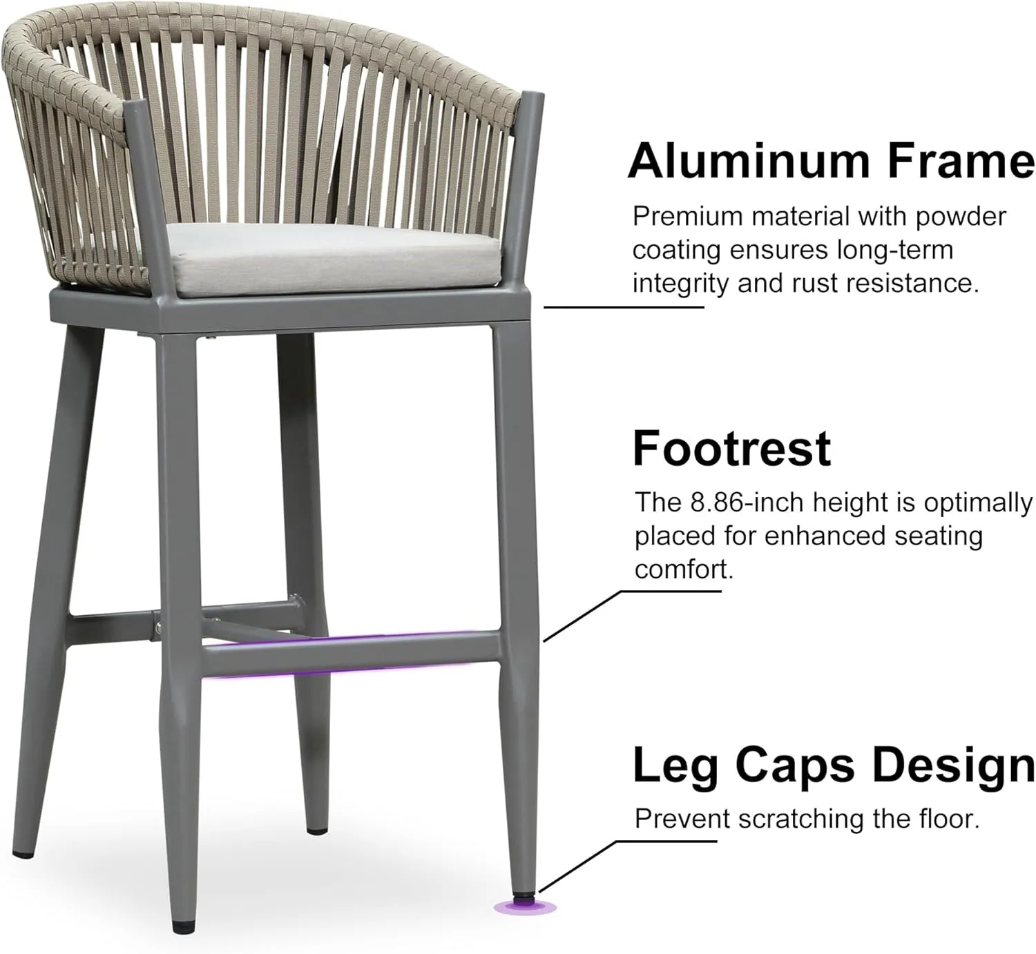 PURPLE LEAF Outdoor Bar Height Stools Set of 4 Patio Metal Modern Wicker Bar Chairs Woven Aluminum Barstools with Back and Cushions for Balcony Garden Indoor Kitchen Poolside Light Gray