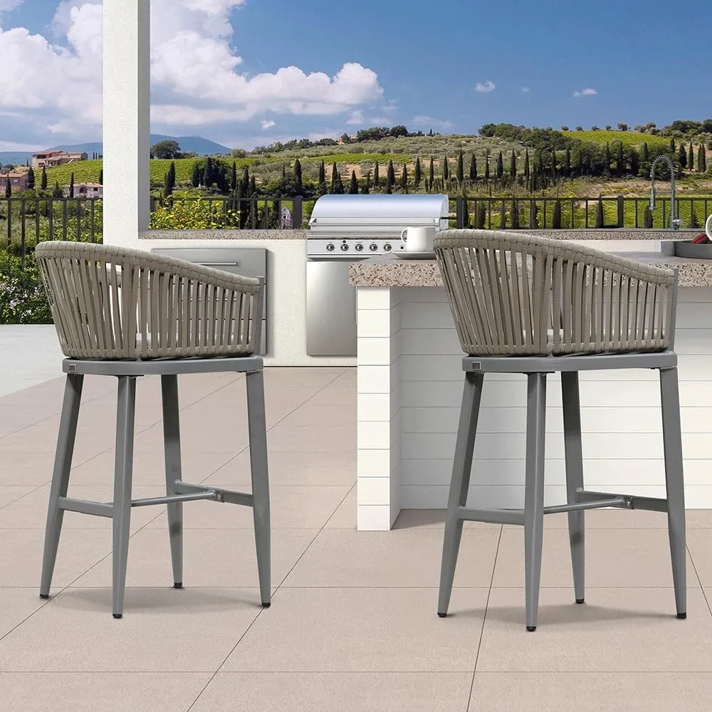 PURPLE LEAF Outdoor Bar Height Stools Set of 4 Patio Metal Modern Wicker Bar Chairs Woven Aluminum Barstools with Back and Cushions for Balcony Garden Indoor Kitchen Poolside Light Gray