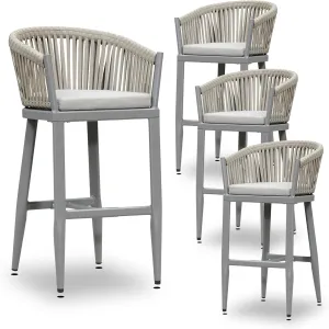 PURPLE LEAF Outdoor Bar Height Stools Set of 4 Patio Metal Modern Wicker Bar Chairs Woven Aluminum Barstools with Back and Cushions for Balcony Garden Indoor Kitchen Poolside Light Gray