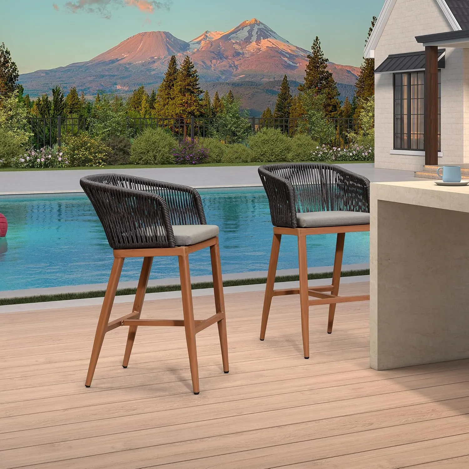 PURPLE LEAF Outdoor Bar Stool Set of 2 Rattan Wicker Patio Stool Bar Height Stool Bar Chairs Aluminum Barstool for Island Lawn Kitchen Brown
