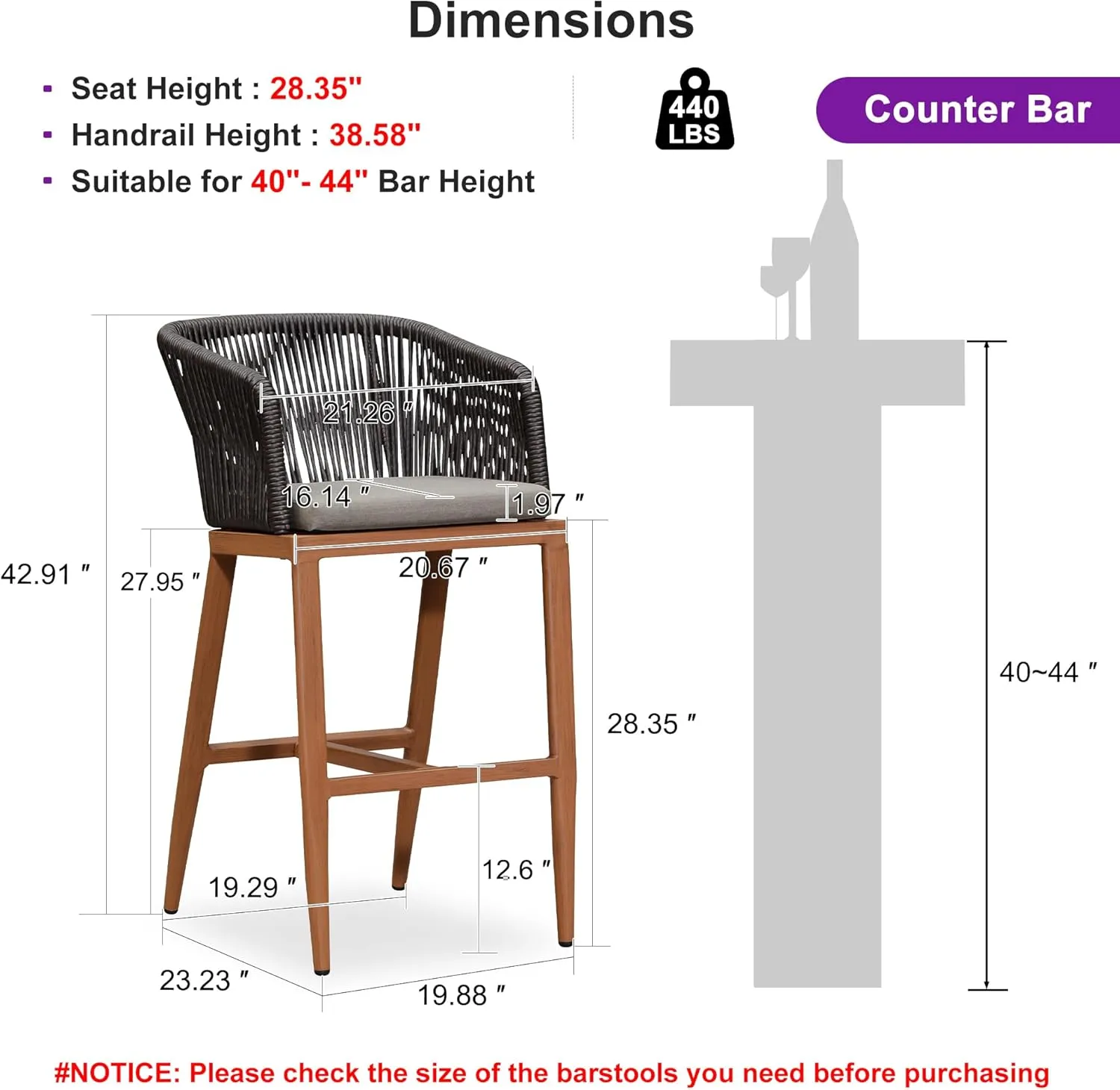 PURPLE LEAF Outdoor Bar Stool Set of 2 Rattan Wicker Patio Stool Bar Height Stool Bar Chairs Aluminum Barstool for Island Lawn Kitchen Brown