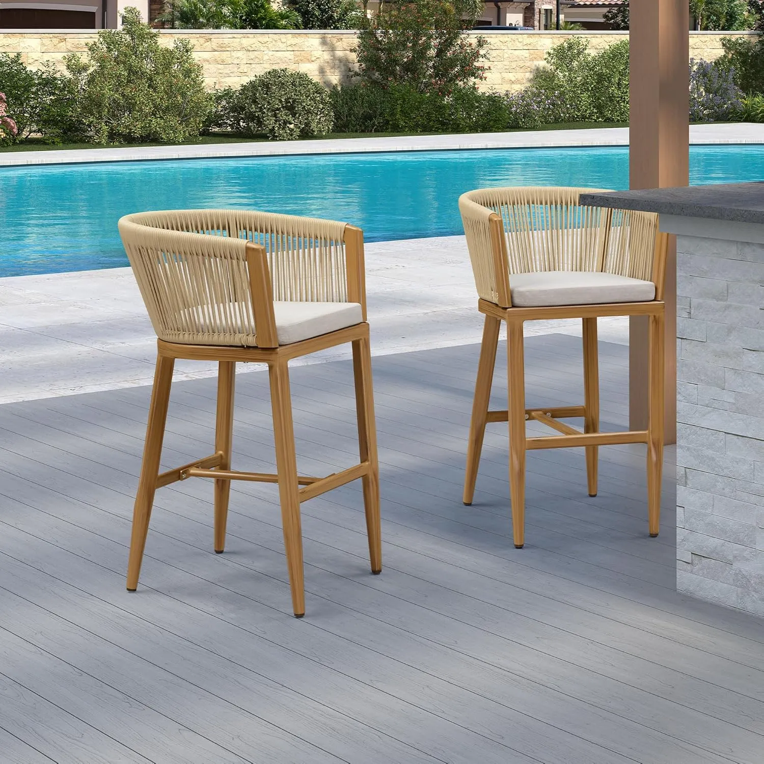 PURPLE LEAF Outdoor Bar Stools Set of 2 Wicker Bar Height Stool Bar Chairs Aluminum Barstool for Outdoor or Indoor Garden Balcony Lawn Teak