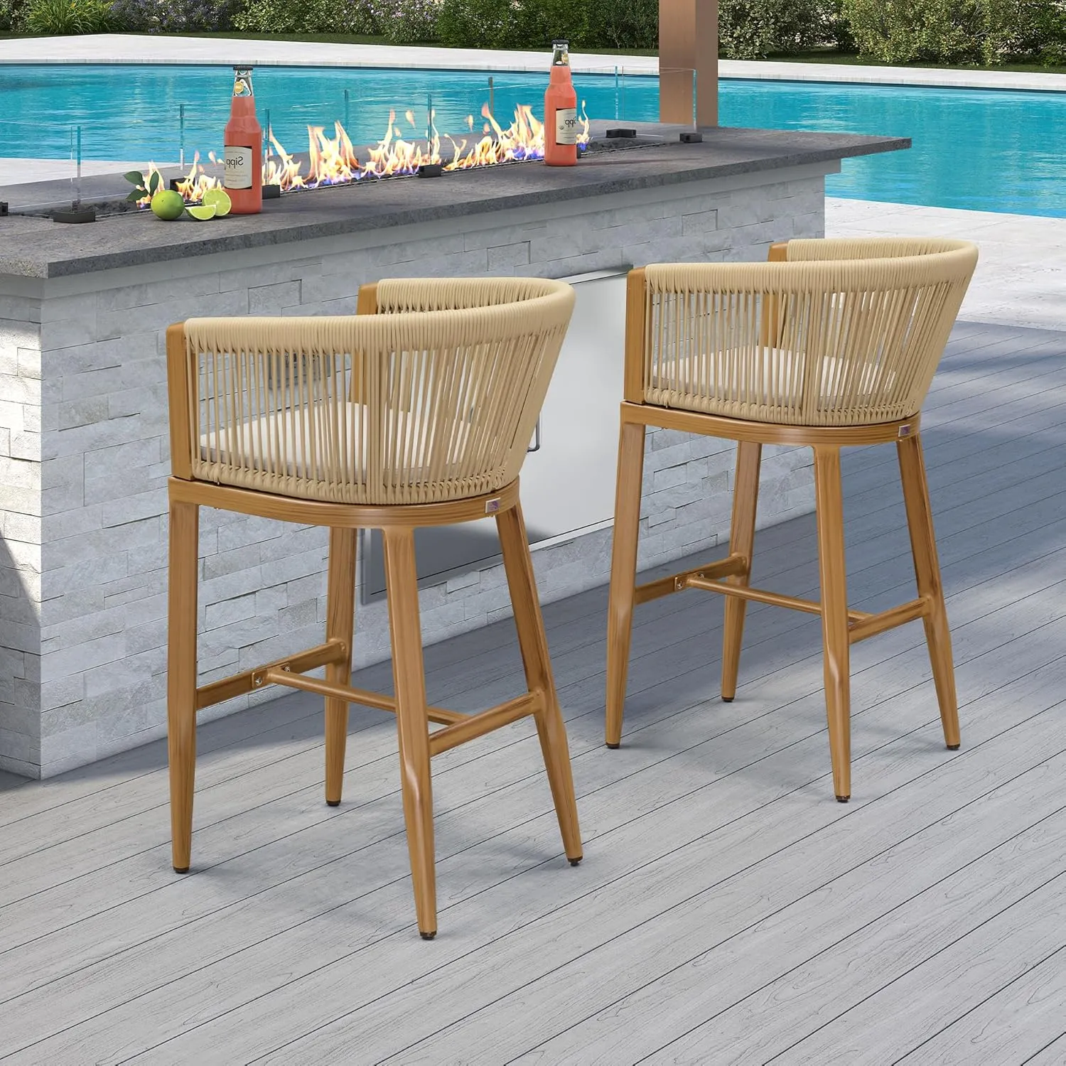 PURPLE LEAF Outdoor Bar Stools Set of 2 Wicker Bar Height Stool Bar Chairs Aluminum Barstool for Outdoor or Indoor Garden Balcony Lawn Teak