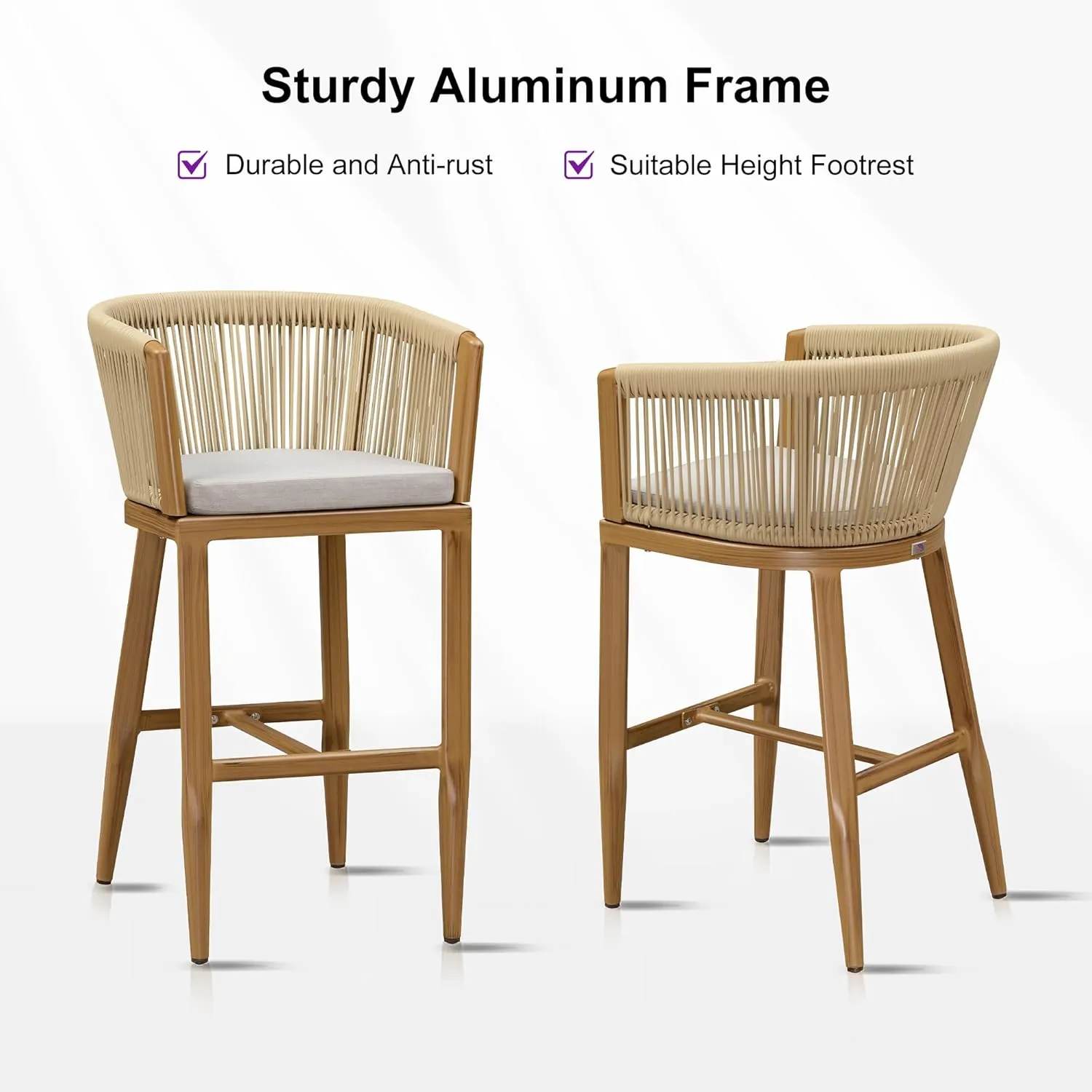 PURPLE LEAF Outdoor Bar Stools Set of 2 Wicker Bar Height Stool Bar Chairs Aluminum Barstool for Outdoor or Indoor Garden Balcony Lawn Teak