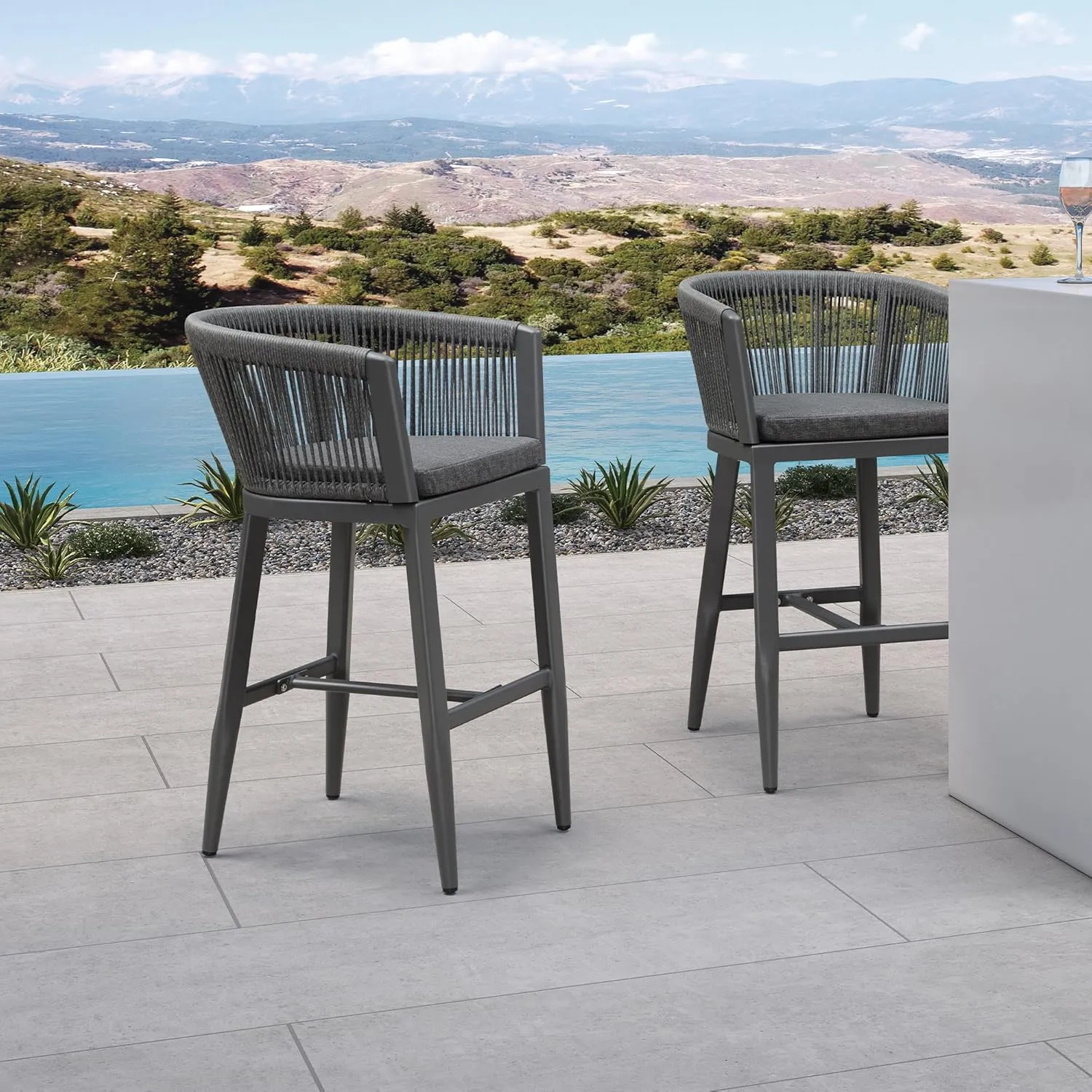 PURPLE LEAF Outdoor Bar Stools Set of 2 Wicker Bar Height Stool Bar Chairs Aluminum Barstool for Outdoor or Indoor Kitchen Balcony Lawn Grey