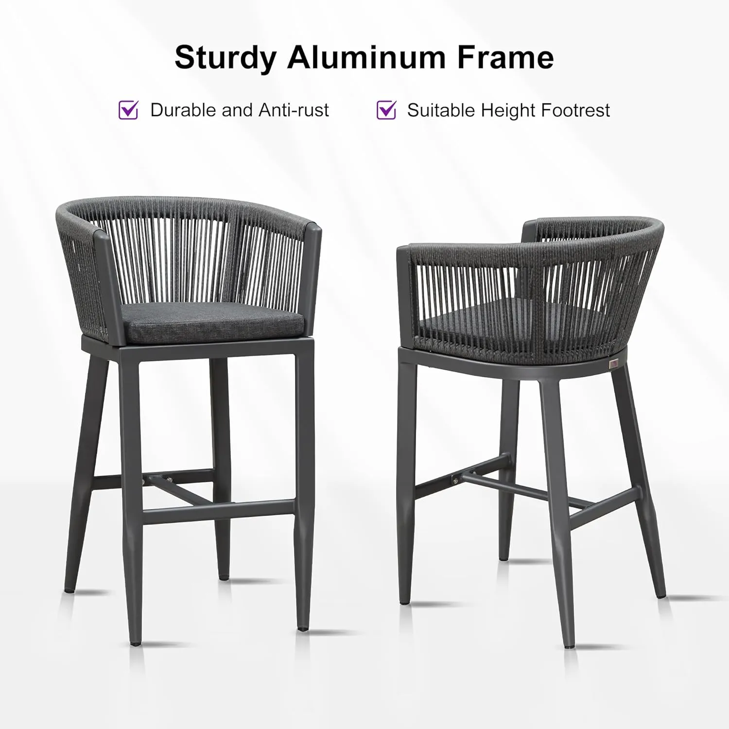 PURPLE LEAF Outdoor Bar Stools Set of 2 Wicker Bar Height Stool Bar Chairs Aluminum Barstool for Outdoor or Indoor Kitchen Balcony Lawn Grey
