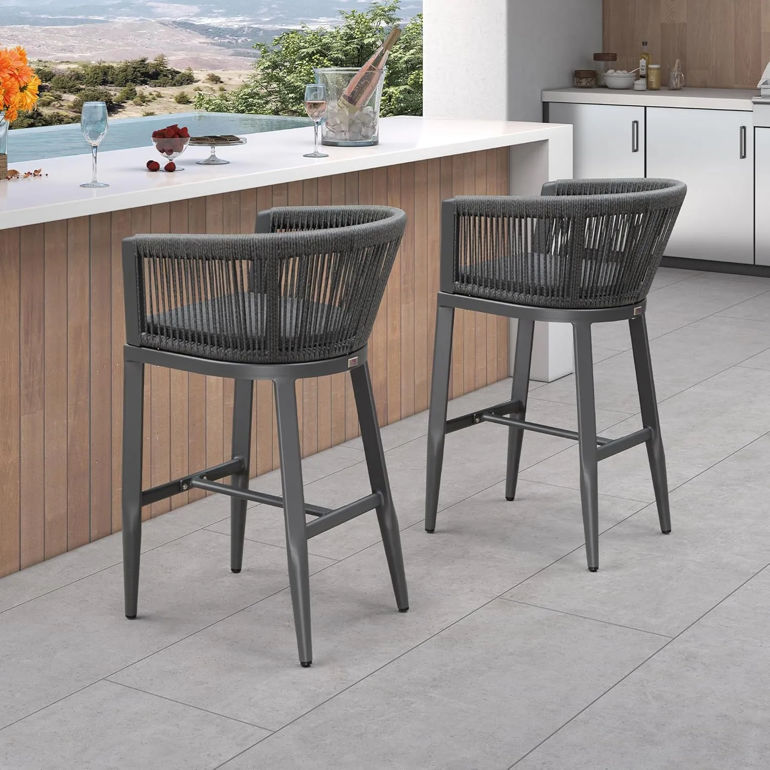 PURPLE LEAF Outdoor Bar Stools Set of 2 Wicker Bar Height Stool Bar Chairs Aluminum Barstool for Outdoor or Indoor Kitchen Balcony Lawn Grey