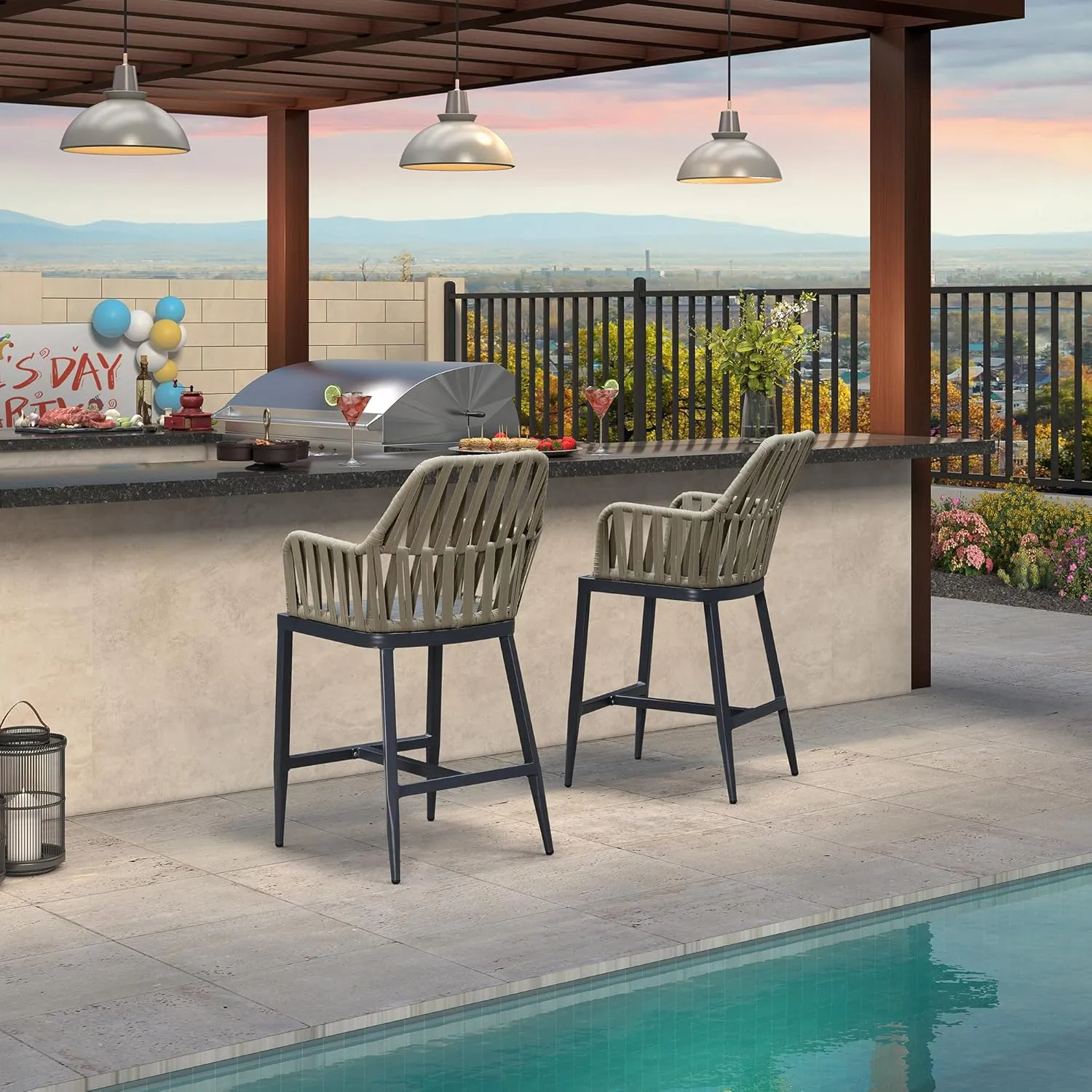 PURPLE LEAF Outdoor Counter Height Bar Stool Set of 2 Metal Barstools with Backrest Bar Height Patio Chairs Kitchen Stools for Island Dark Grey Bar Counter Stools