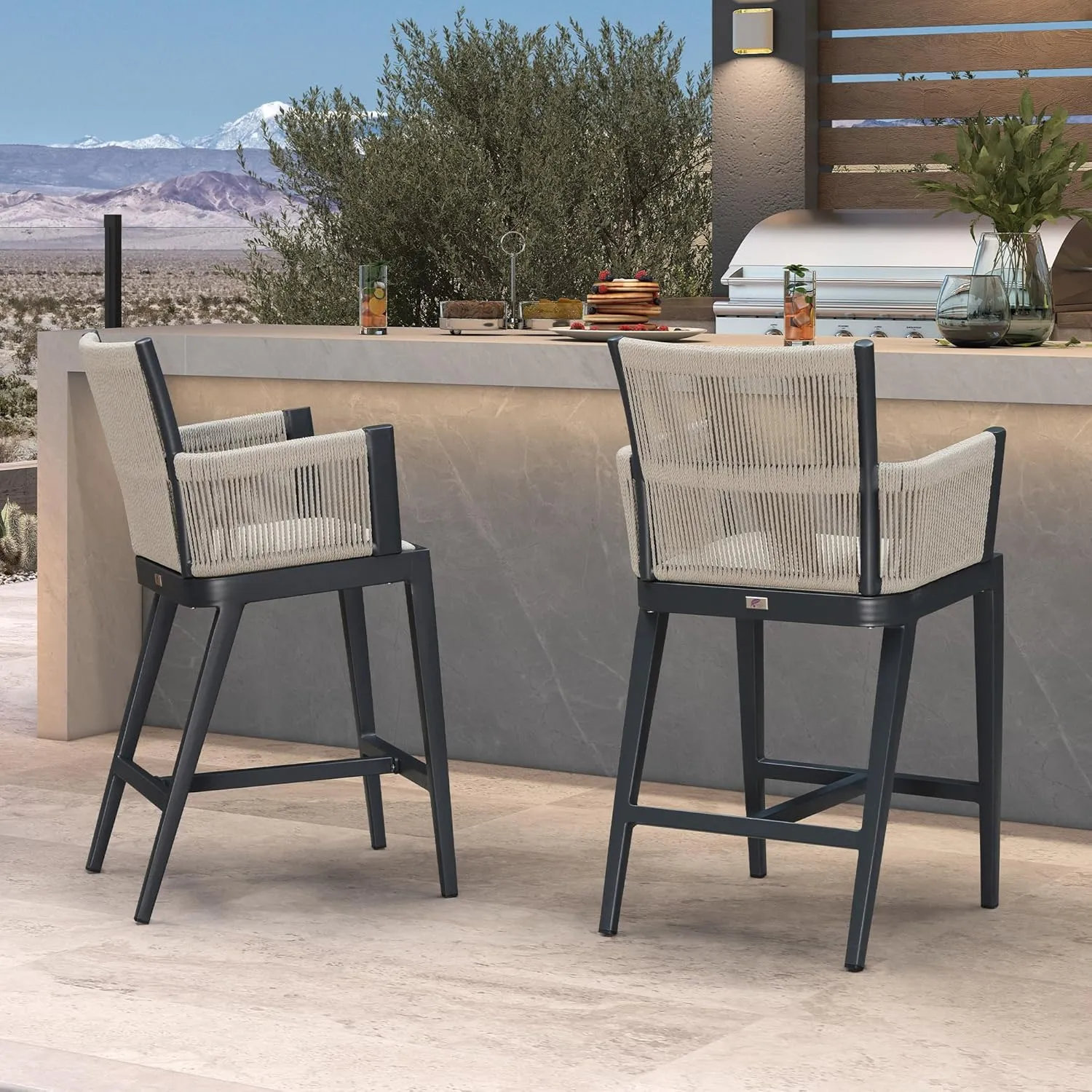 PURPLE LEAF Outdoor Counter Height Bar Stool Set of 2 Modern Bar Chairs with High Back and High Armrests Outdoor Aluminum Woven Rattan Barstools for Kitchcen Island Indoor Grey