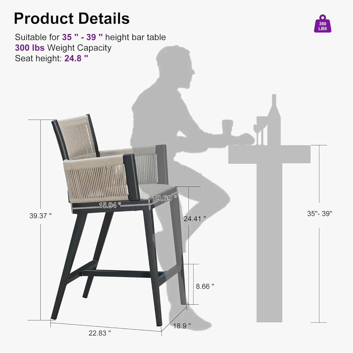 PURPLE LEAF Outdoor Counter Height Bar Stool Set of 2 Modern Bar Chairs with High Back and High Armrests Outdoor Aluminum Woven Rattan Barstools for Kitchcen Island Indoor Grey