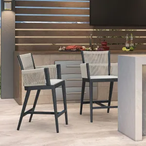 PURPLE LEAF Outdoor Counter Height Bar Stool Set of 2 Modern Bar Chairs with High Back and High Armrests Outdoor Aluminum Woven Rattan Barstools for Kitchcen Island Indoor Grey