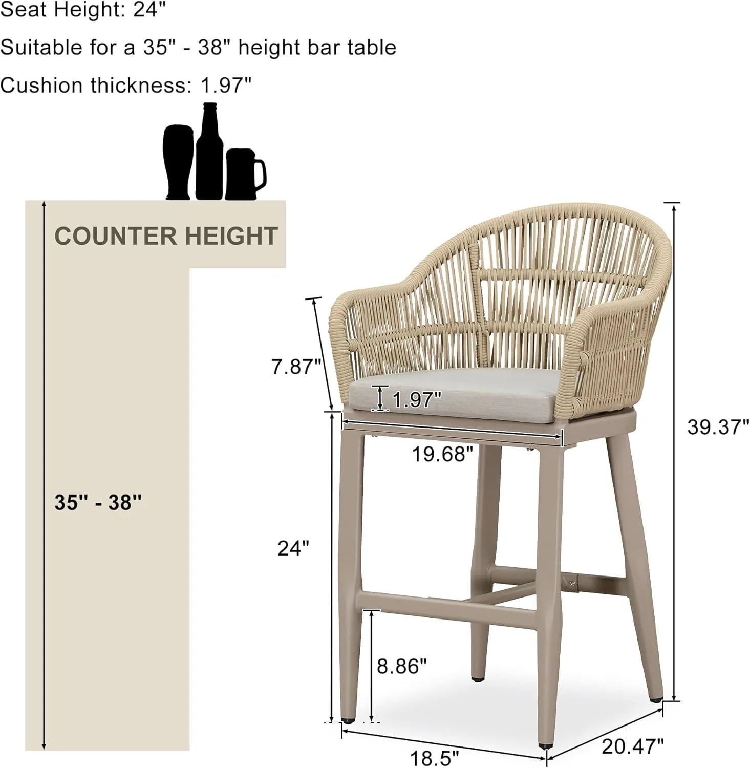 PURPLE LEAF Outdoor Counter Height Bar Stools Set of 4 Patio Metal Modern Wicker Rattan Bar Chairs Woven Aluminum Barstools with Back and Cushions for Balcony Garden Indoor Kitchen Outside Champagne