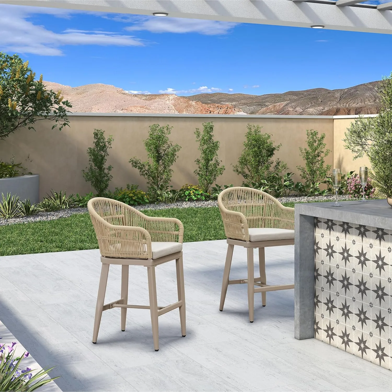 PURPLE LEAF Outdoor Counter Height Bar Stools Set of 4 Patio Metal Modern Wicker Rattan Bar Chairs Woven Aluminum Barstools with Back and Cushions for Balcony Garden Indoor Kitchen Outside Champagne