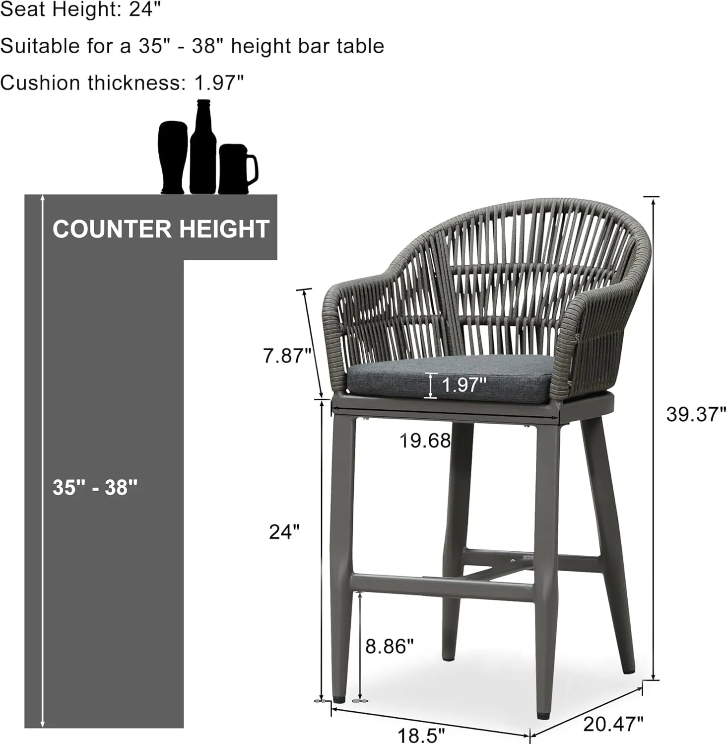 PURPLE LEAF Outdoor Counter Height Bar Stools Set of 4 Patio Metal Modern Wicker Rattan Bar Chairs Woven Aluminum Barstools with Back and Cushions for Balcony Garden Indoor Kitchen Outside Slate Gray