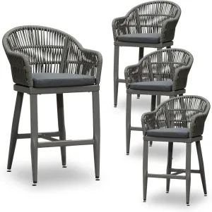 PURPLE LEAF Outdoor Counter Height Bar Stools Set of 4 Patio Metal Modern Wicker Rattan Bar Chairs Woven Aluminum Barstools with Back and Cushions for Balcony Garden Indoor Kitchen Outside Slate Gray