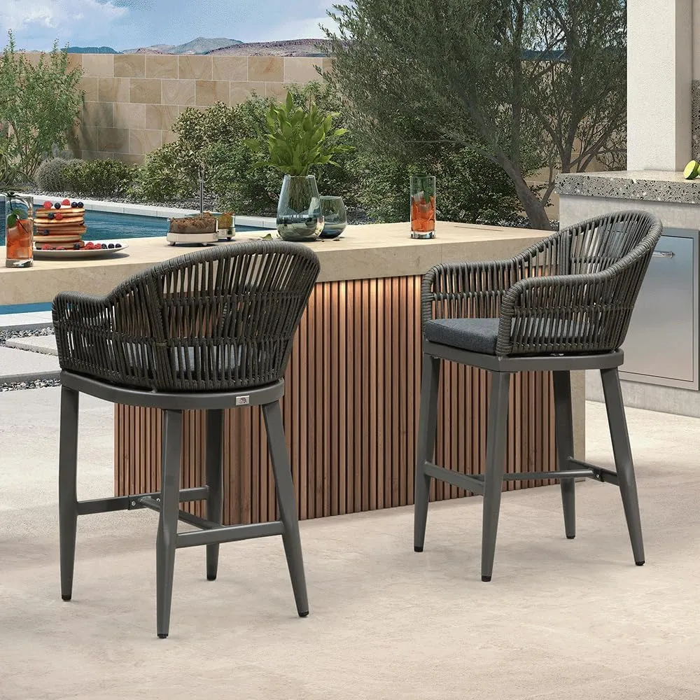 PURPLE LEAF Outdoor Counter Height Bar Stools Set of 4 Patio Metal Modern Wicker Rattan Bar Chairs Woven Aluminum Barstools with Back and Cushions for Balcony Garden Indoor Kitchen Outside Slate Gray