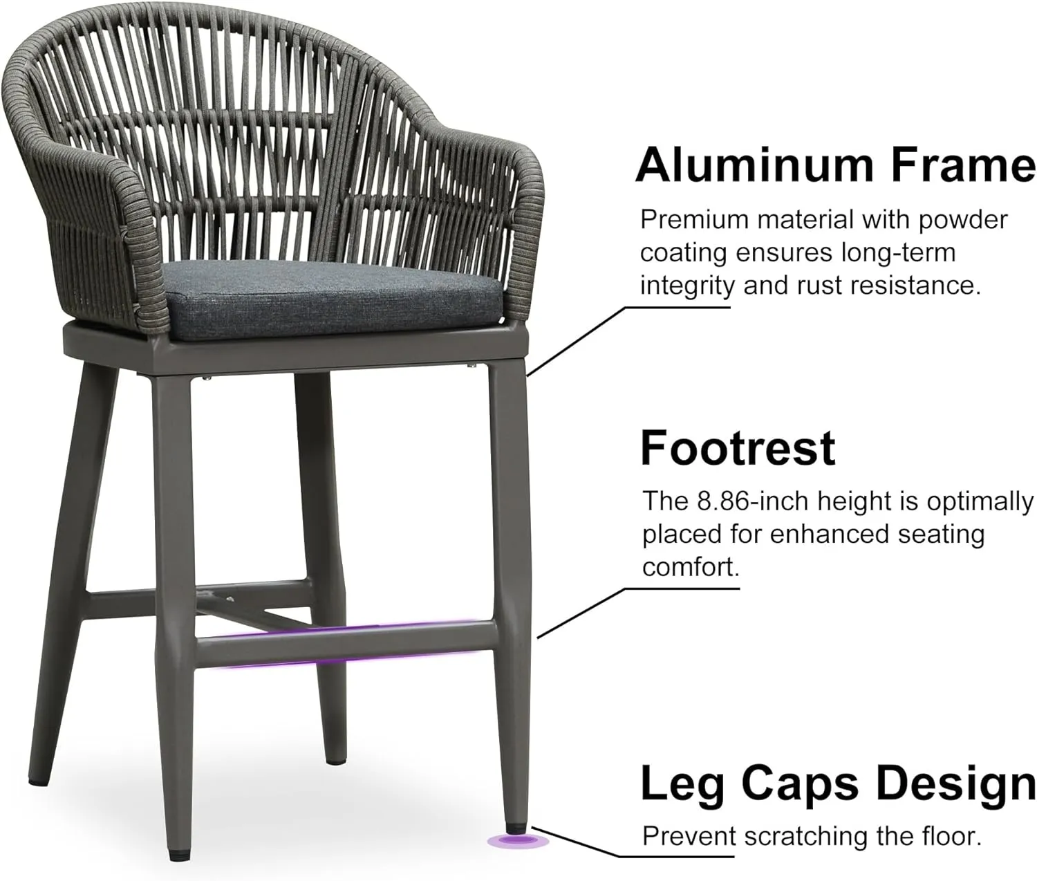 PURPLE LEAF Outdoor Counter Height Bar Stools Set of 4 Patio Metal Modern Wicker Rattan Bar Chairs Woven Aluminum Barstools with Back and Cushions for Balcony Garden Indoor Kitchen Outside Slate Gray