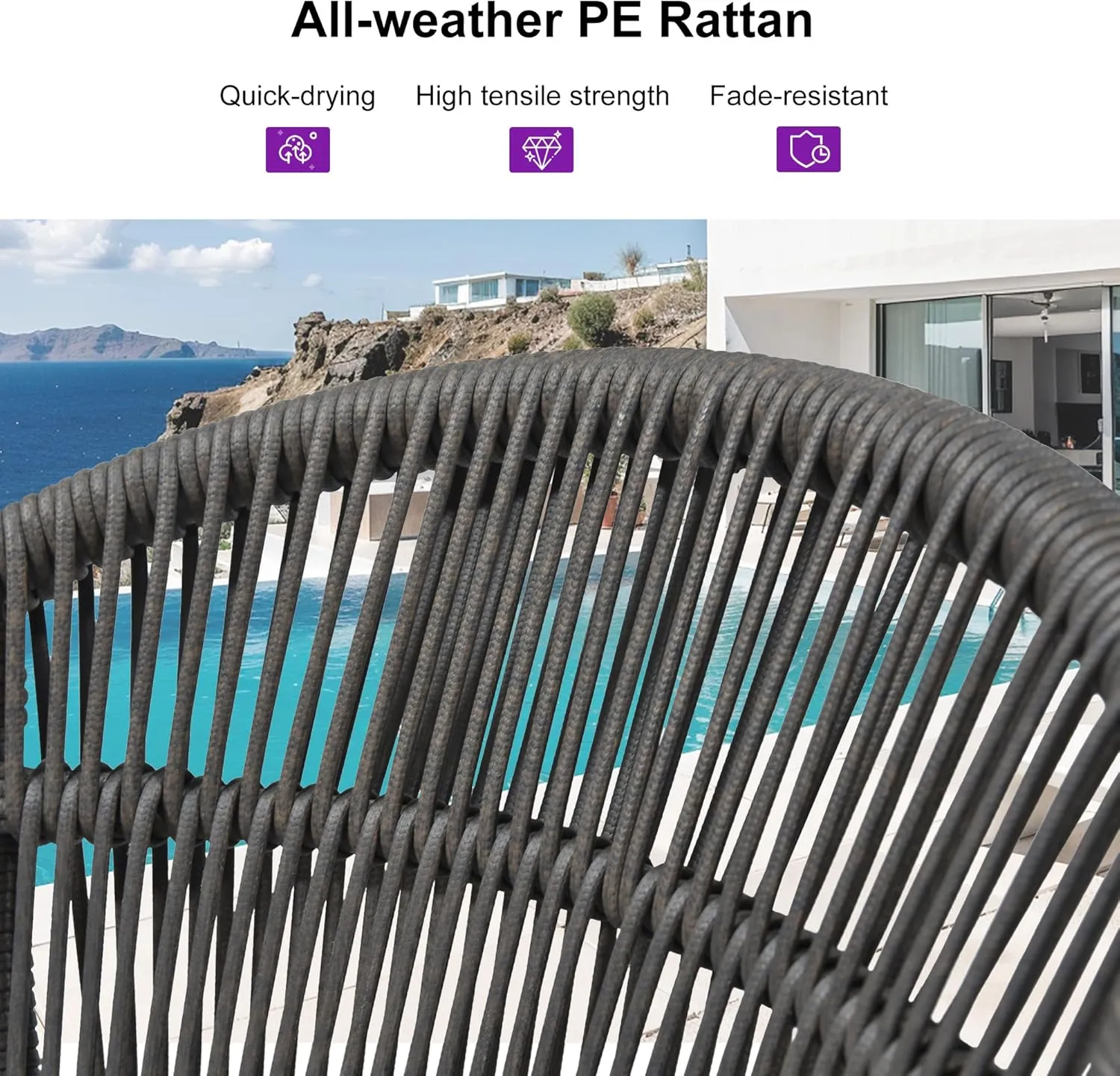 PURPLE LEAF Outdoor Counter Height Bar Stools Set of 4 Patio Metal Modern Wicker Rattan Bar Chairs Woven Aluminum Barstools with Back and Cushions for Balcony Garden Indoor Kitchen Outside Slate Gray