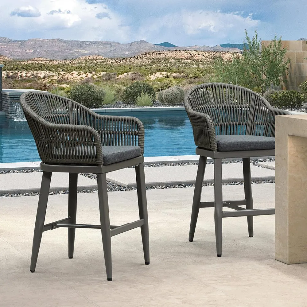 PURPLE LEAF Outdoor Counter Height Bar Stools Set of 4 Patio Metal Modern Wicker Rattan Bar Chairs Woven Aluminum Barstools with Back and Cushions for Balcony Garden Indoor Kitchen Outside Slate Gray