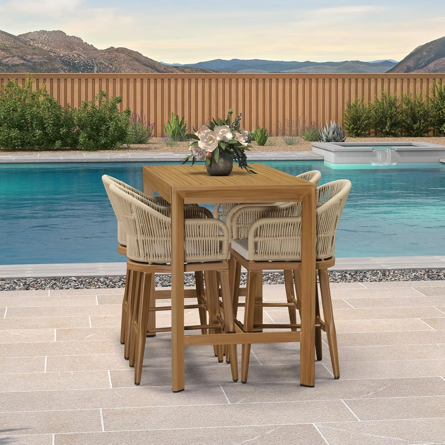 PURPLE LEAF Outdoor Counter Height Bar Stools Set of 4 Patio Metal Modern Wicker Rattan Bar Chairs Woven Aluminum Barstools with Back and Cushions for Balcony Garden Indoor Kitchen Outside Teak
