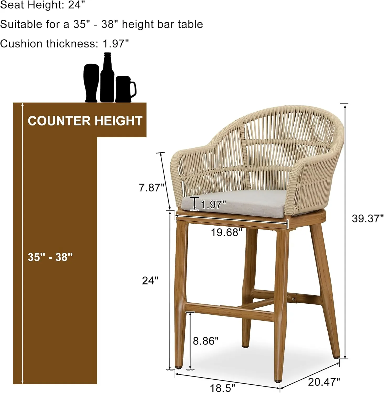 PURPLE LEAF Outdoor Counter Height Bar Stools Set of 4 Patio Metal Modern Wicker Rattan Bar Chairs Woven Aluminum Barstools with Back and Cushions for Balcony Garden Indoor Kitchen Outside Teak