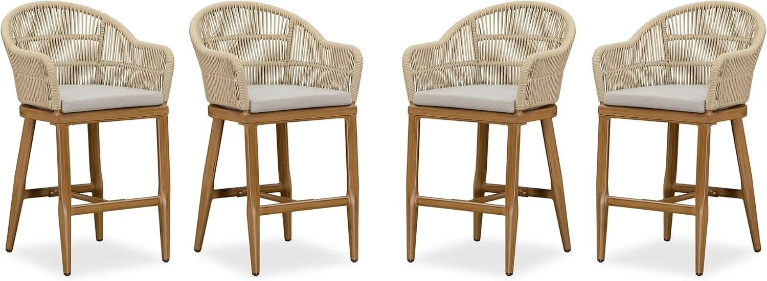 PURPLE LEAF Outdoor Counter Height Bar Stools Set of 4 Patio Metal Modern Wicker Rattan Bar Chairs Woven Aluminum Barstools with Back and Cushions for Balcony Garden Indoor Kitchen Outside Teak
