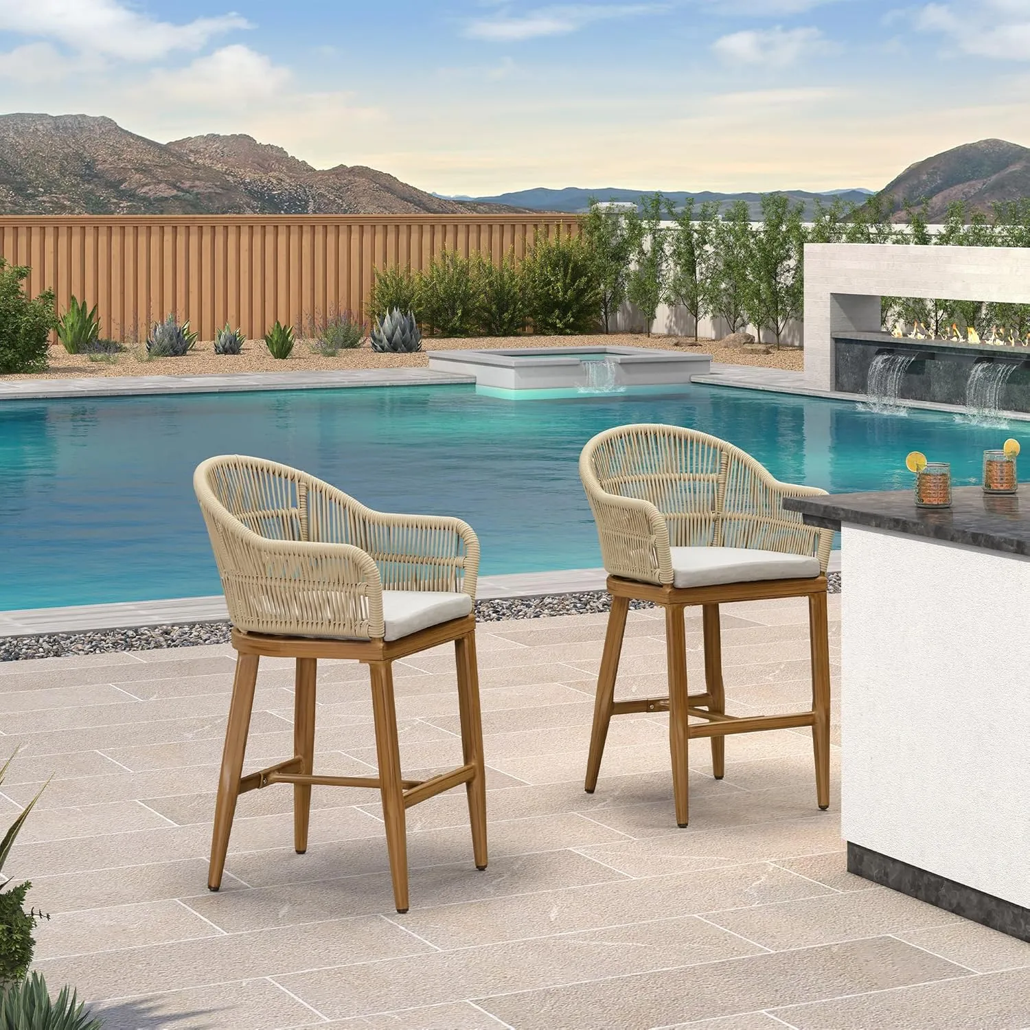 PURPLE LEAF Outdoor Counter Height Bar Stools Set of 4 Patio Metal Modern Wicker Rattan Bar Chairs Woven Aluminum Barstools with Back and Cushions for Balcony Garden Indoor Kitchen Outside Teak