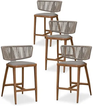 PURPLE LEAF Outdoor Counter Height Stools Set for 4 Patio All-Weather Rattan Bar Chairs Modern Aluminum Cushioned Barstools with Back for Balcony Garden Kitchen Indoor, Teak