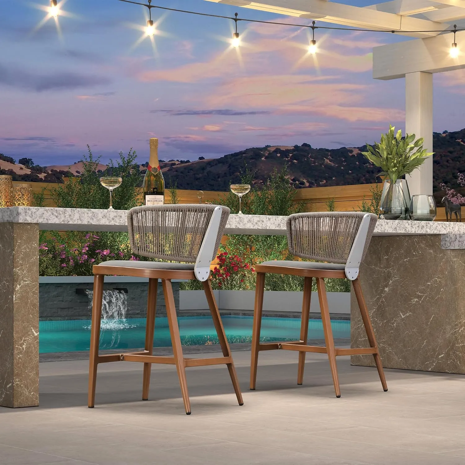 PURPLE LEAF Outdoor Counter Height Stools Set for 4 Patio All-Weather Rattan Bar Chairs Modern Aluminum Cushioned Barstools with Back for Balcony Garden Kitchen Indoor, Teak