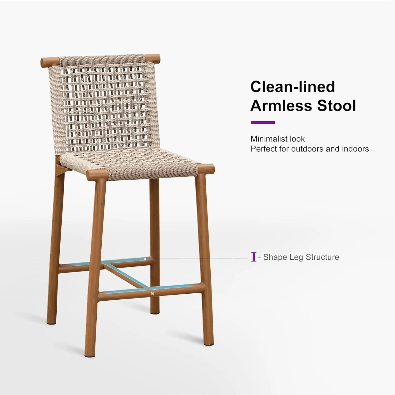 PURPLE LEAF Outdoor Counter Height Stools Set of 4 Aluminum Wicker Bar Stool with Back for Backyard Pool Lawn Kitchen Patio Metal Barstool Chairs Teak