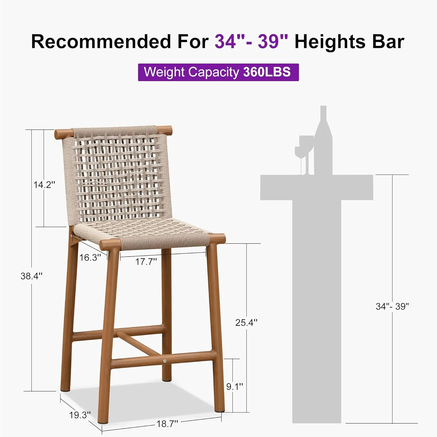 PURPLE LEAF Outdoor Counter Height Stools Set of 4 Aluminum Wicker Bar Stool with Back for Backyard Pool Lawn Kitchen Patio Metal Barstool Chairs Teak