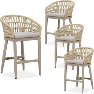PURPLE LEAF Outdoor Rattan 24" Counter Height Bar Stools Set of 4, Aluminum Bar Chair Patio Barstool Modern Upholstered with Backrest for Indoor and Outdoor Set, Kitchen Island, Champagne