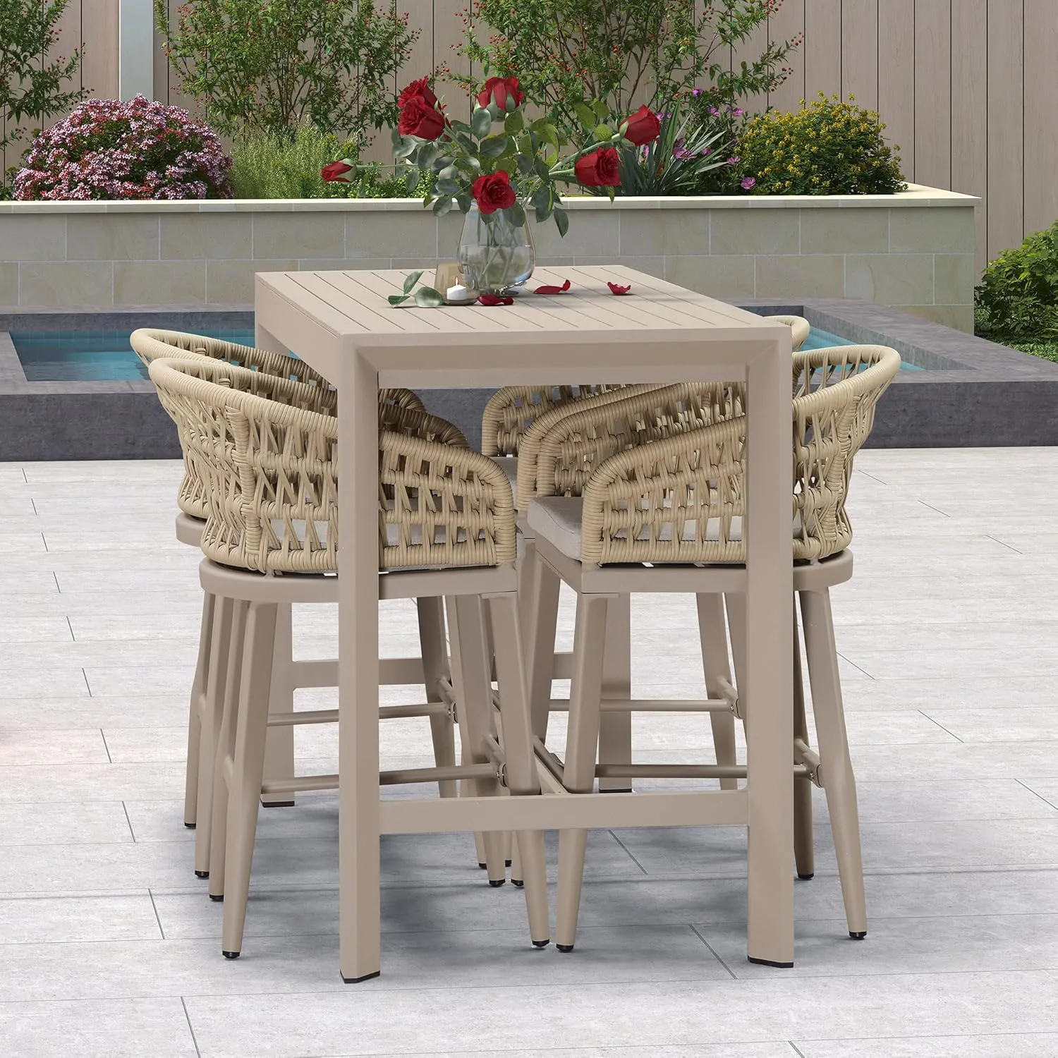 PURPLE LEAF Outdoor Rattan 24" Counter Height Bar Stools Set of 4, Aluminum Bar Chair Patio Barstool Modern Upholstered with Backrest for Indoor and Outdoor Set, Kitchen Island, Champagne