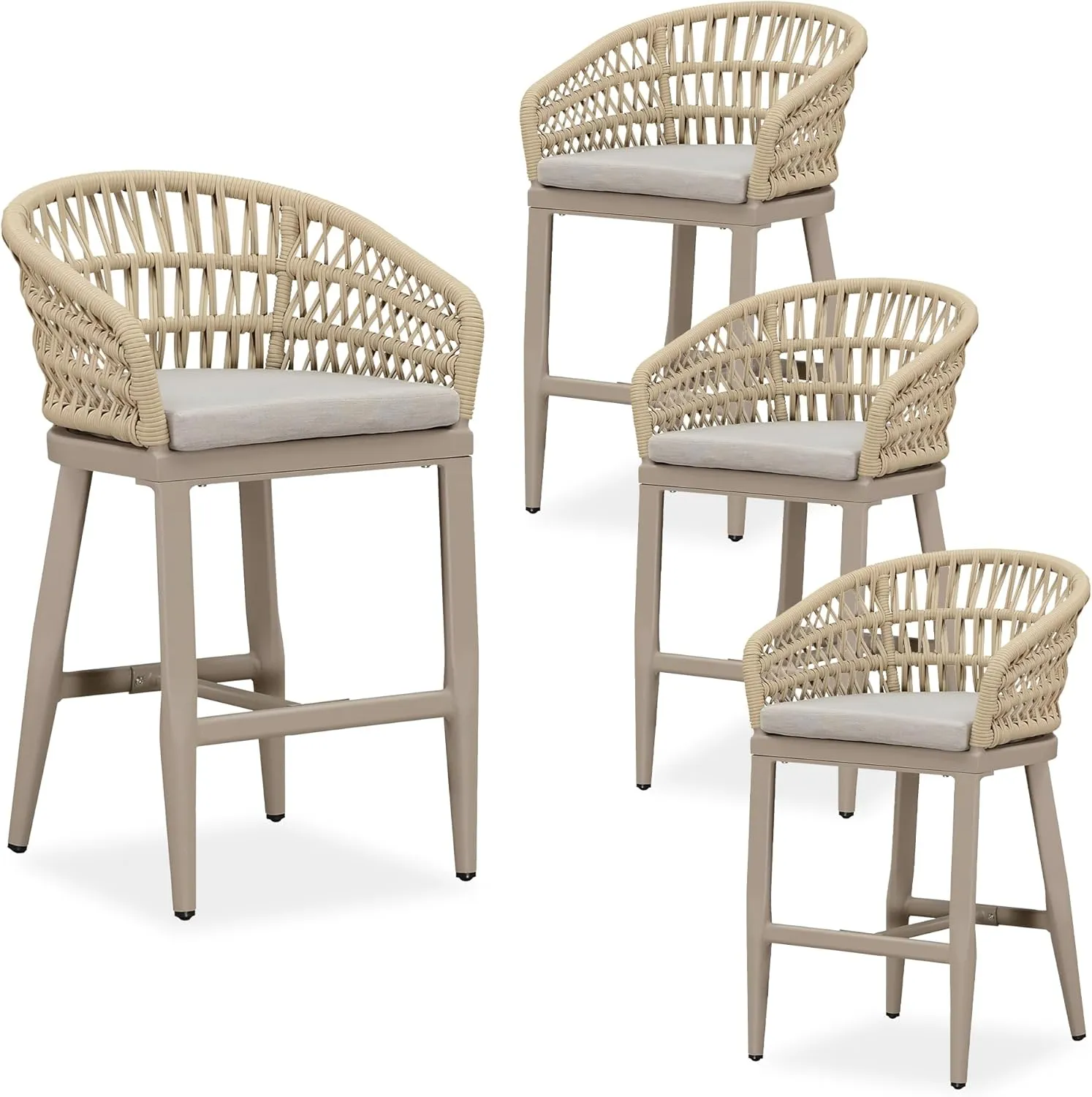PURPLE LEAF Outdoor Rattan 24" Counter Height Bar Stools Set of 4, Aluminum Bar Chair Patio Barstool Modern Upholstered with Backrest for Indoor and Outdoor Set, Kitchen Island, Champagne
